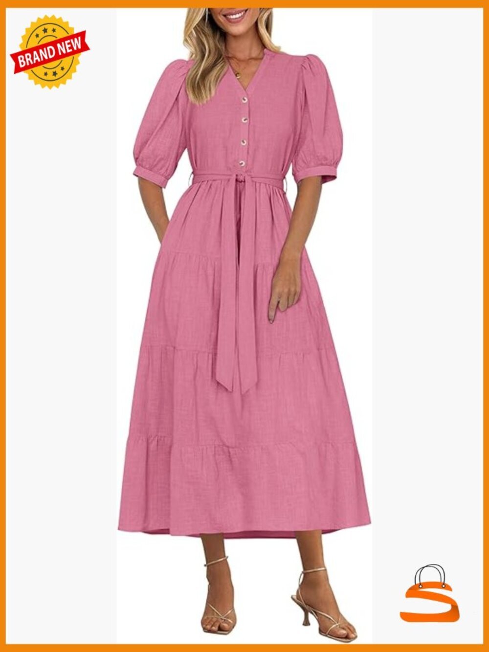 Elegant Short Sleeve V Neck Ruffle Midi Dress with Belt and Pockets